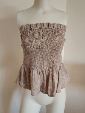 Brand New With Tags Anthropologie Linen Smocked Strapless Peplum Top - Taupe